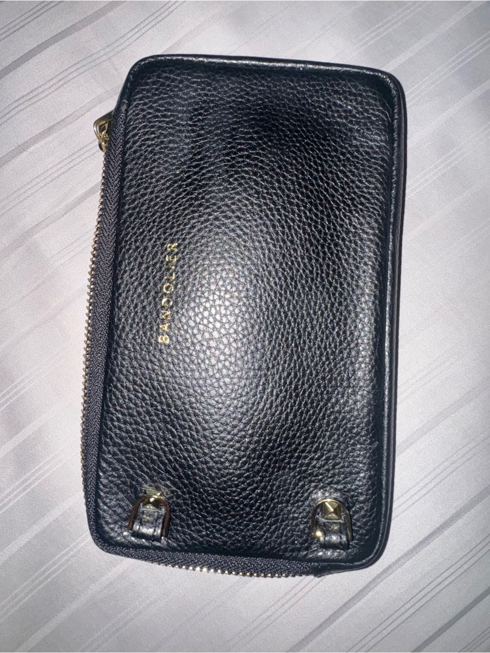 Bandolier Black Leather Crossbody Phone Case with Gold Hardware - Picture 6 of 7